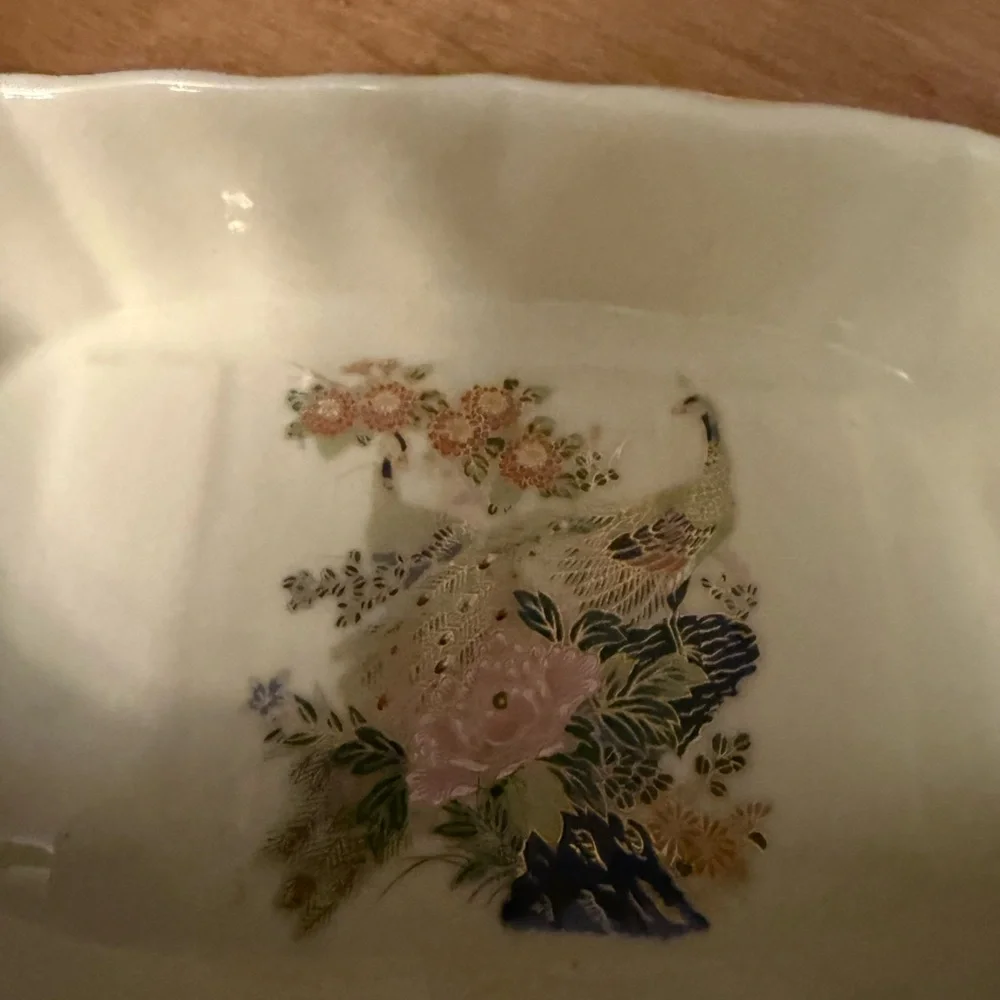 Vintage Japanese Porcelain floral, bird, print gold edge Soap or Trinket Dish